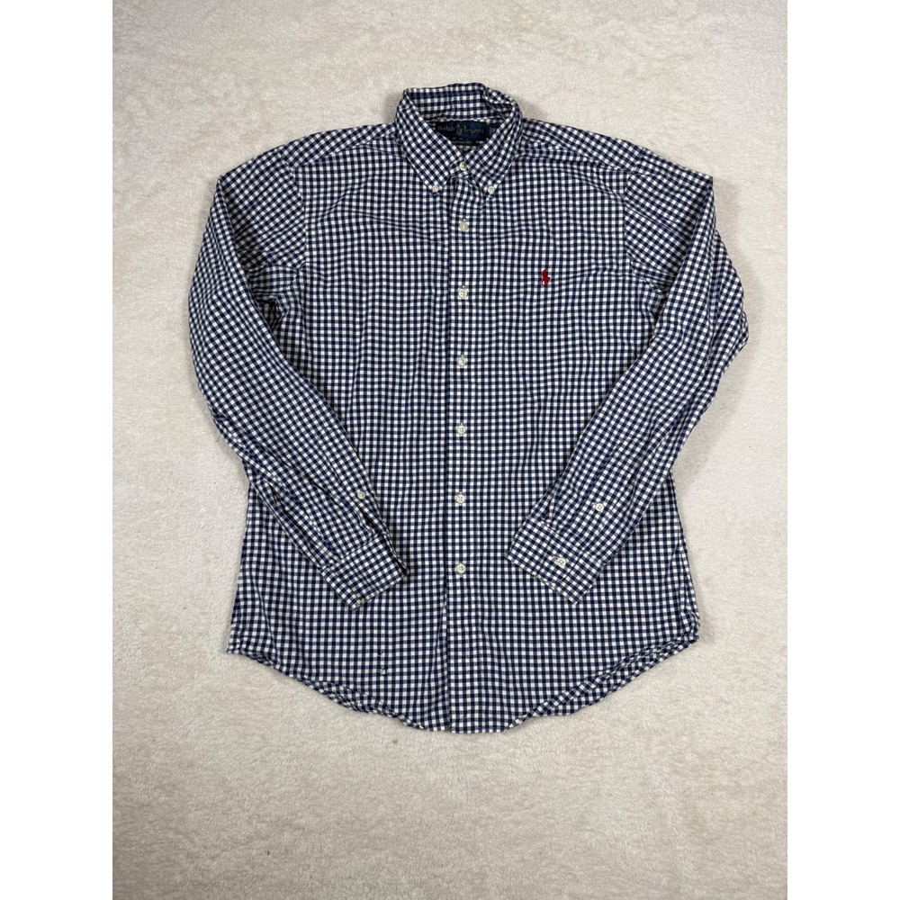 Ralph Lauren Button Down Mens Medium Navy Gingham Fair Custom Fit‎ Long Sleeve